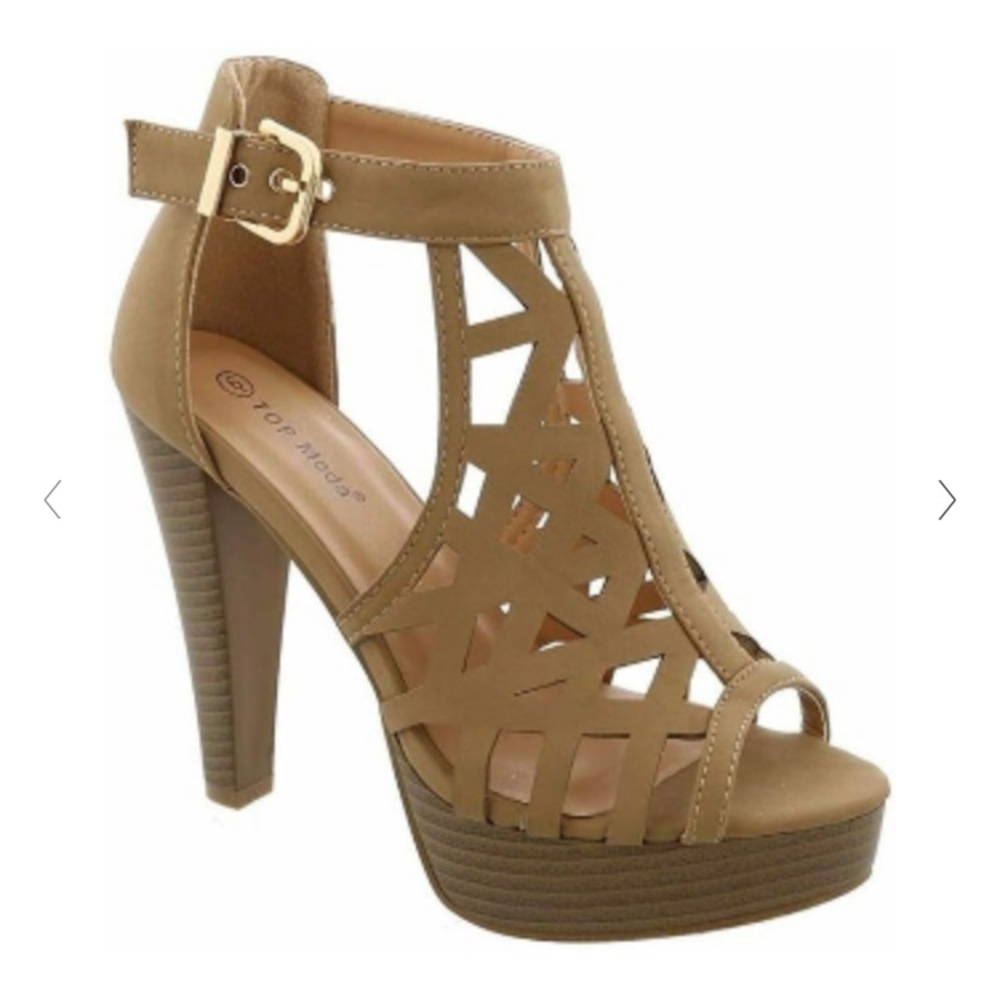 Tan open toe heels
